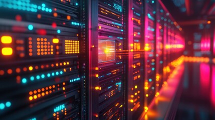 Data center server room, network lights, digital, technology, processing, information, storage