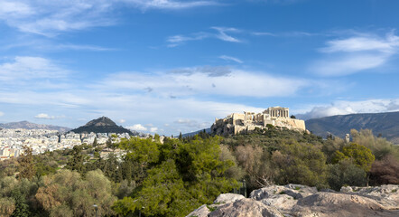 Athens, Greece. Parthenon, Acropolis hill and mount Lycabettus view from Areopagus hill