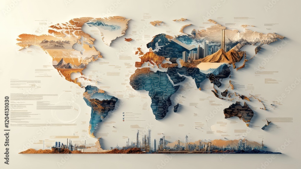 Poster detailed artistic world map highlighting geographical features and urban landscapes in vibrant color