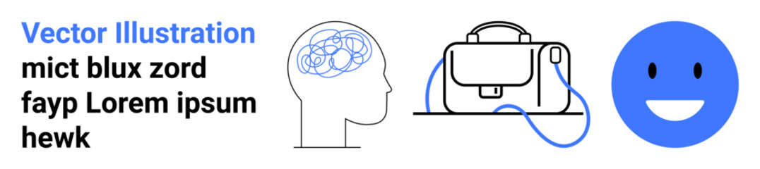 Fototapeta premium Outline of a brain with swirling lines, a travel bag with a shoulder strap, and a blue happy face. Ideal for psychology, travel, emotions, mental health, leisure, education, technology themes
