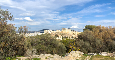 Athens, Greece. Parthenon and Propylaea, Acropolis hill and Herodeion. View from Philopappos hill