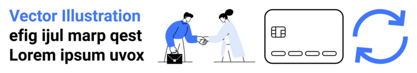 Business exchange with two people interacting, credit card icon, and synchronization arrows. Ideal for finance, digital transactions, business, teamwork, payment systems, technology and data