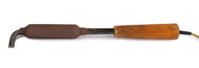 Old metal soldering iron with wooden handle isolated on white background.