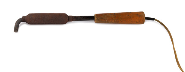 Old metal soldering iron with wooden handle isolated on white background.