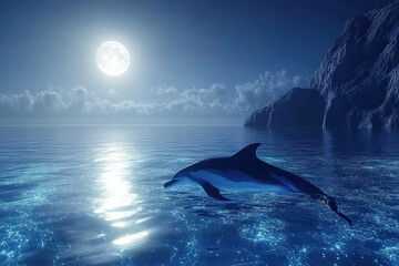 Fototapeta premium Ethereal Dolphin Swimming Under a Full Moon, Illuminating Ocean Water with Soft Moonlight, Peaceful Night Scene with Serene Atmosphere