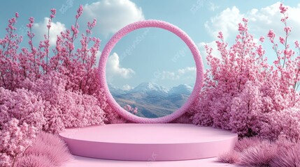 Serene pink landscape featuring a circular frame, blooming flowers, and distant mountains under a blue sky