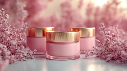 Elegant pink cosmetic jars surrounded by soft pink flowers in a serene, dreamy setting