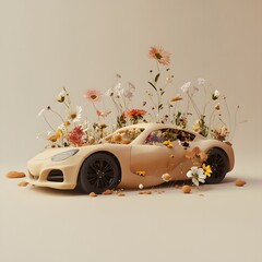 Mocha Mousse car color with a beige-brown flower in the car. Abstract trendy creative idea. Ai technology.