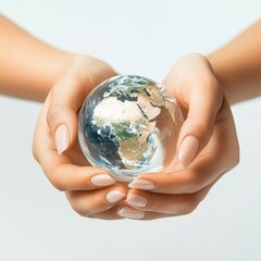 Hands holding a small glass globe depicting Earth surrounded by vibrant colors representing nature and land. Generative AI