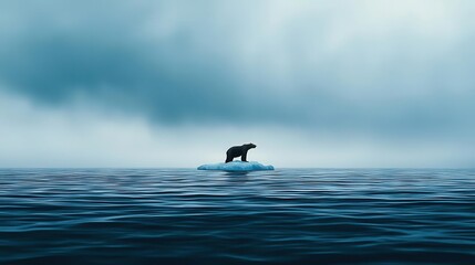 Fototapeta premium A lone polar bear on a shrinking iceberg, surrounded by stormy waters, climate crisis, endangered species, rising sea levels