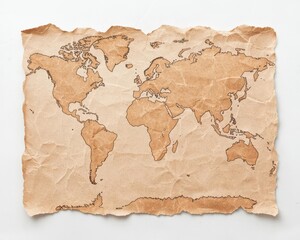 An old map of the world with coastlines disappearing underwater, climate change, rising sea levels, disappearing lands
