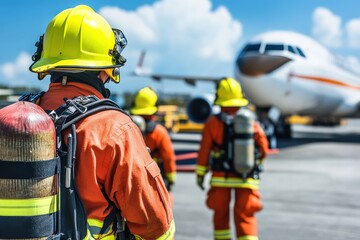 Firefighters in Bright Uniforms Preparing for Emergency Response at Airport with Airplane in Background under Clear Blue Sky