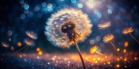 Windblown Dandelion in Low Light, Dreamy Night Photography, Nature's Grace