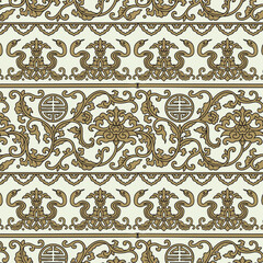 Auspicious Traditional Chinese Asian Elements with Snake Sign Seamless Vector Pattern, Gold Mocha Color, Happy Chinese New Year 2025 