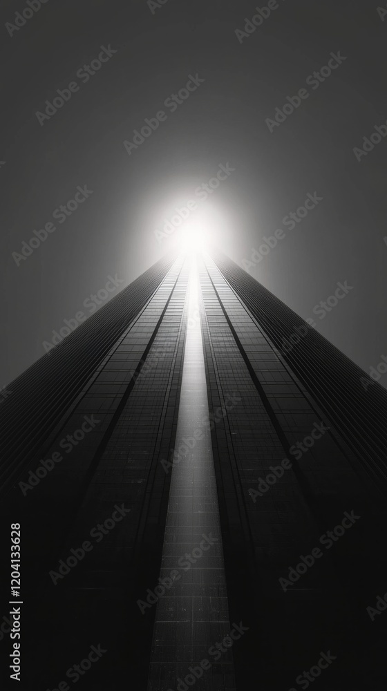 Poster A towering structure features sharp angles reaching skyward, bathed in bright light from above. The modern design captivates with its stark lines and impressive height against a muted backdrop