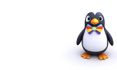 Fototapeta premium Cute cartoon penguin wearing a colorful bow tie on white background.
