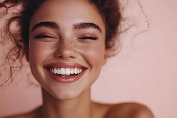 Portrait of a smiling girl. Minimal trendy happy idea with beige-brown background.