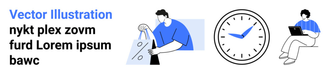 Man holding shopping bags, clock showing time, person working on a laptop. Ideal for marketing, e-commerce, time management, remote work, productivity, business strategies and online services