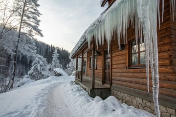 Fototapeta premium Winter Wonderland: Icicles Draped on Rustic House - Stunning Frozen Landscape Photography