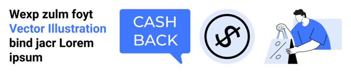 Shopper carrying bags, cash back symbol inside a circle, and placeholder text. Ideal for e-commerce, promotions, marketing, consumer rewards, retail discount offers financial incentives. Landing