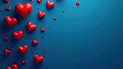 A cascade of vibrant red hearts scattered across a deep blue background, creating a charming and romantic design ideal for celebratory or affectionate projects.