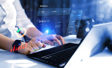 Business finance data analytics graph.Financial management technology.Advisor using KPI Dashboard on virtual screen.	
