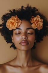 portrait of a black woman with flowers on brown mocha mousse background.