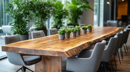 Fototapeta premium Modern conference room with long wooden table and greenery for meetings and corporate events
