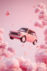 Pink retro car in flight with spring flowers on pastel background.