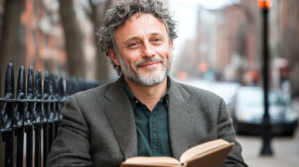 man with curly hair and beard smiles while reading book outdoors in urban setting. background features city buildings and street