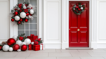 Fototapeta premium Holiday decorations adorn a festive entrance with bright red door, ornaments, and wrapped gifts in a charming winter setting
