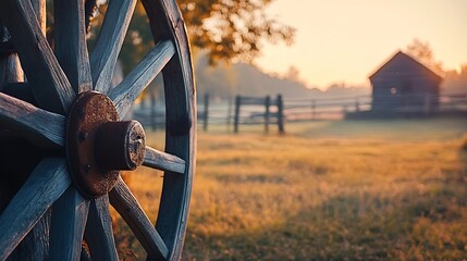 Wooden Wagon Wheel at Sunrise Rural Setting