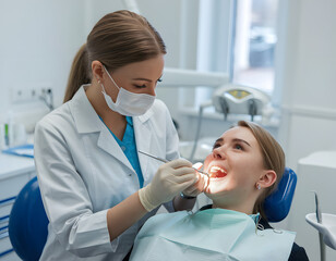 A photo of a female dentist working on a patient's teeth. The dentist is wearing a white coat and a mask. 