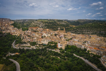 Aerial panoramic view of Ragusa, a UNESCO heritage town on Italian island of Sicily. June 2023