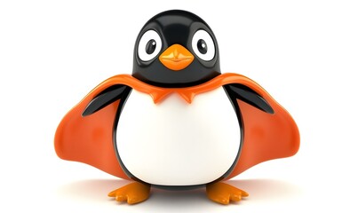 Fototapeta premium Cute cartoon penguin wearing an orange cape.