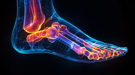 Radiographic skeletal foot illustration shows intricate bones and structures, it appears scientific and informative