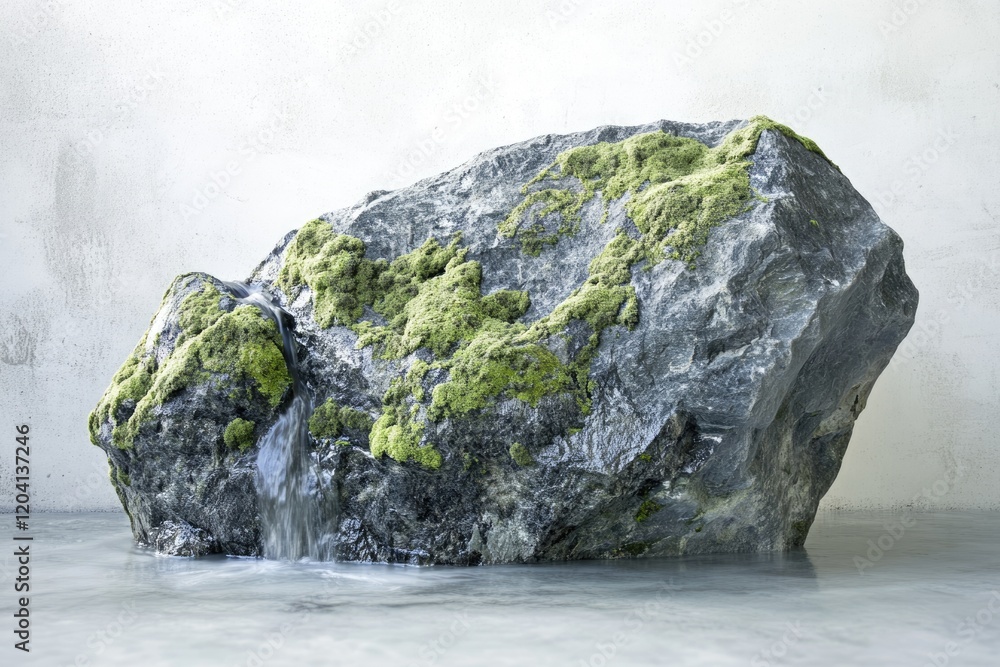 Poster a mossy rock with a small waterfall cascading down its side, creating a serene and tranquil scene.