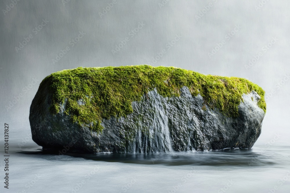 Poster moss-covered rock with a small waterfall cascading down its side into a calm stream.