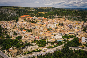 Aerial panoramic view of Ragusa, a UNESCO heritage town on Italian island of Sicily. June 2023