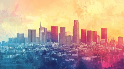 A vibrant cityscape with modern skyscrapers glowing in warm yellow, orange, and cool blue hues, blending urban architecture with artistic flair. AI generative.
