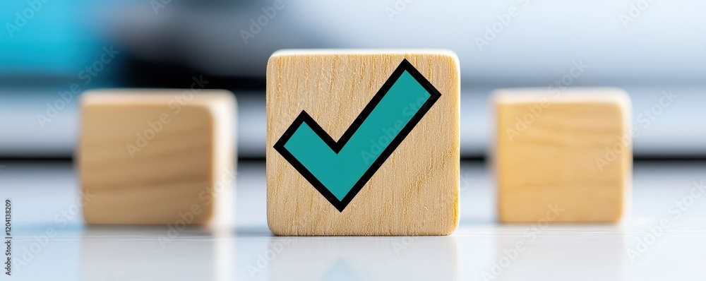 Poster wooden block with check mark symbol