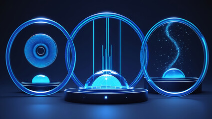Futuristic Holographic Circles, Ethereal Digital Illustration with Concentric Rings, Light Streaks, Dome Design & Ripple Effects on a Dark Background