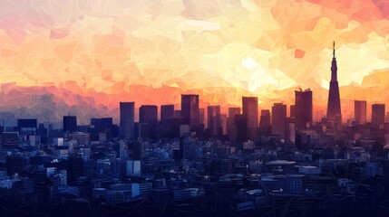 A stunning abstract cityscape at sunset, featuring polygonal patterns in warm orange and yellow hues blending into deep blues of twilight. AI generative.