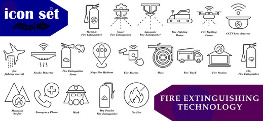 Obraz premium Modern fire extinguisher and technology icon set. Ideal for safety apps, fire websites, educational posters and presentations.