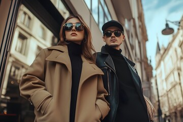 Portrait of a couple woman and men in fashion trendy clothers. 