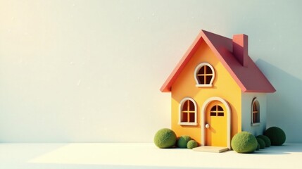 A cheerful yellow house model with a pinkish roof, nestled amongst miniature shrubbery, sits on a bright surface against a clean white backdrop, symbolizing dreams of homeownership and a simple life.