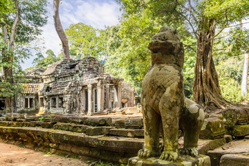 Statue in the ancient Ta Prohm temple ruins lost in cambodian forest, Angkor Vat, Siem Reap, Cambodia