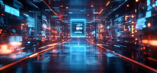 Fototapeta premium Digital corridor, data streams, glowing screen, futuristic tech