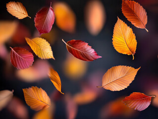 Fototapeta premium Falling Autumn Leaves on Dark Background: Vibrant Seasonal Foliage in Motion