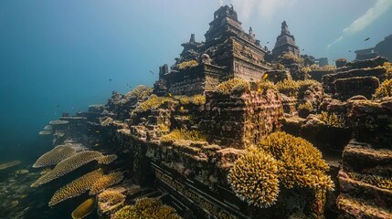 Underwater temple ruins, coral reef, fish, ocean.